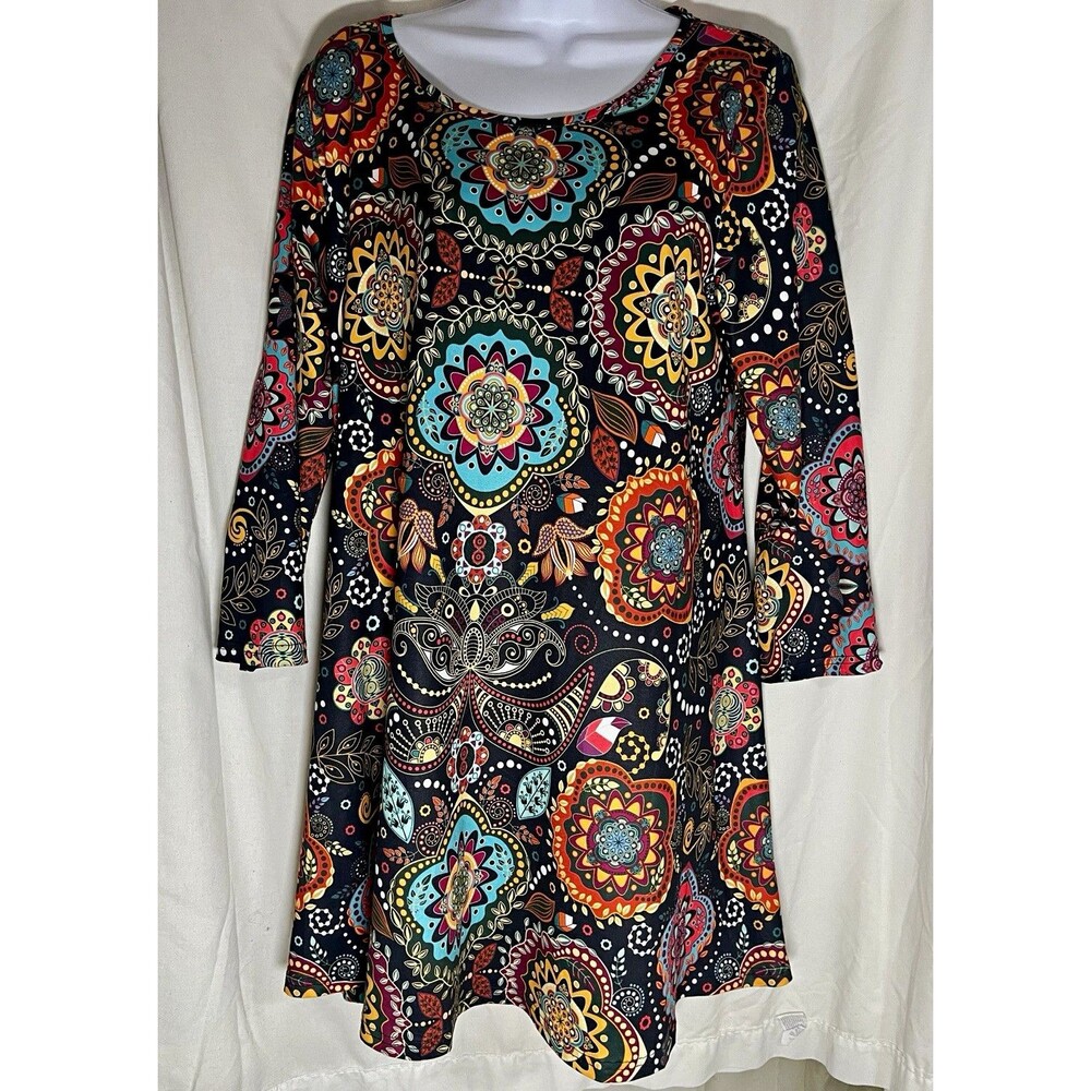ENMAIN Black Multicolor Floral Boho A-Line Knit Dress 3/4 Sleeve Knee L Stretch
